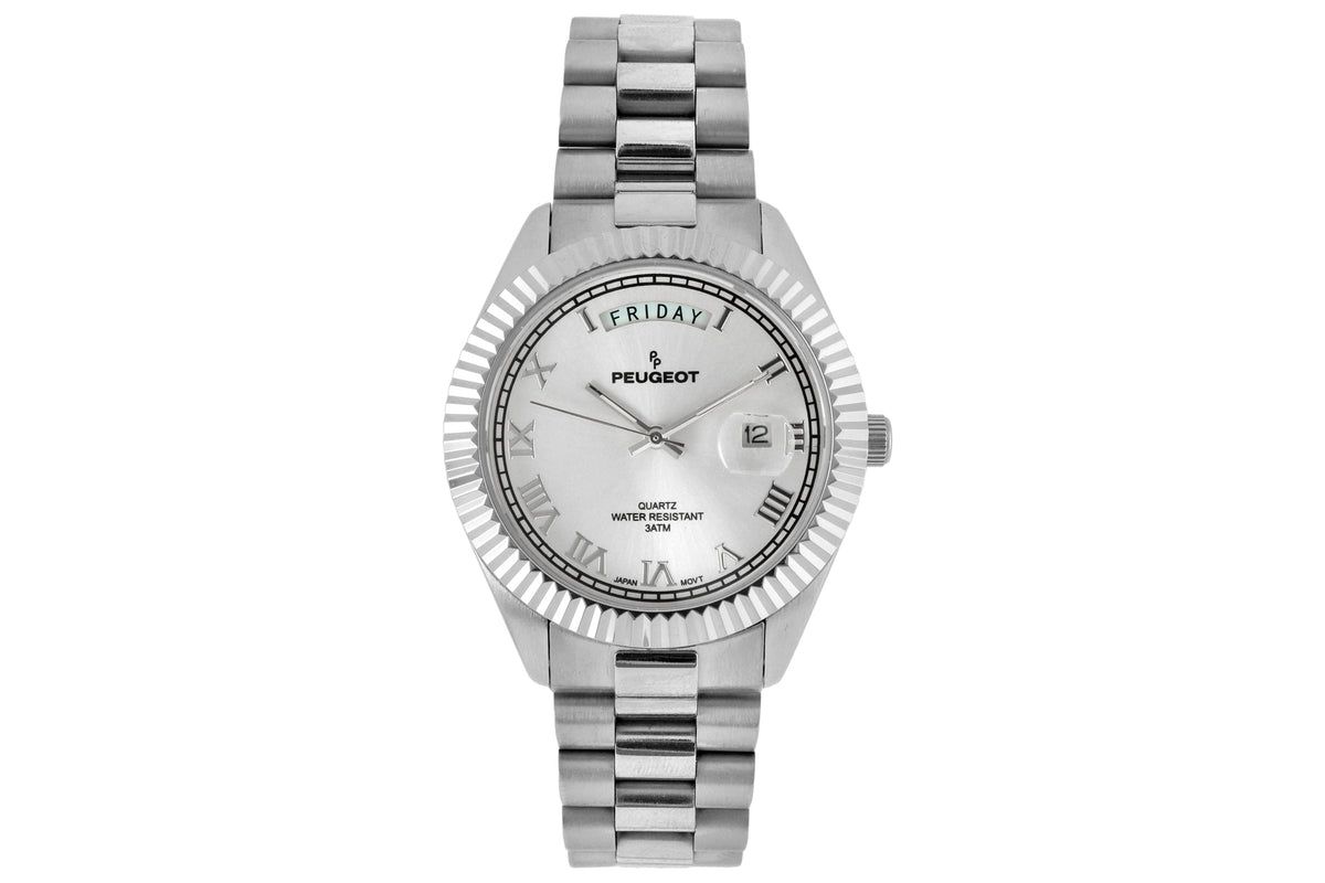 Peugeot Mens 40mm Silver Face Fluted Bezel Steel Bracelet Watch