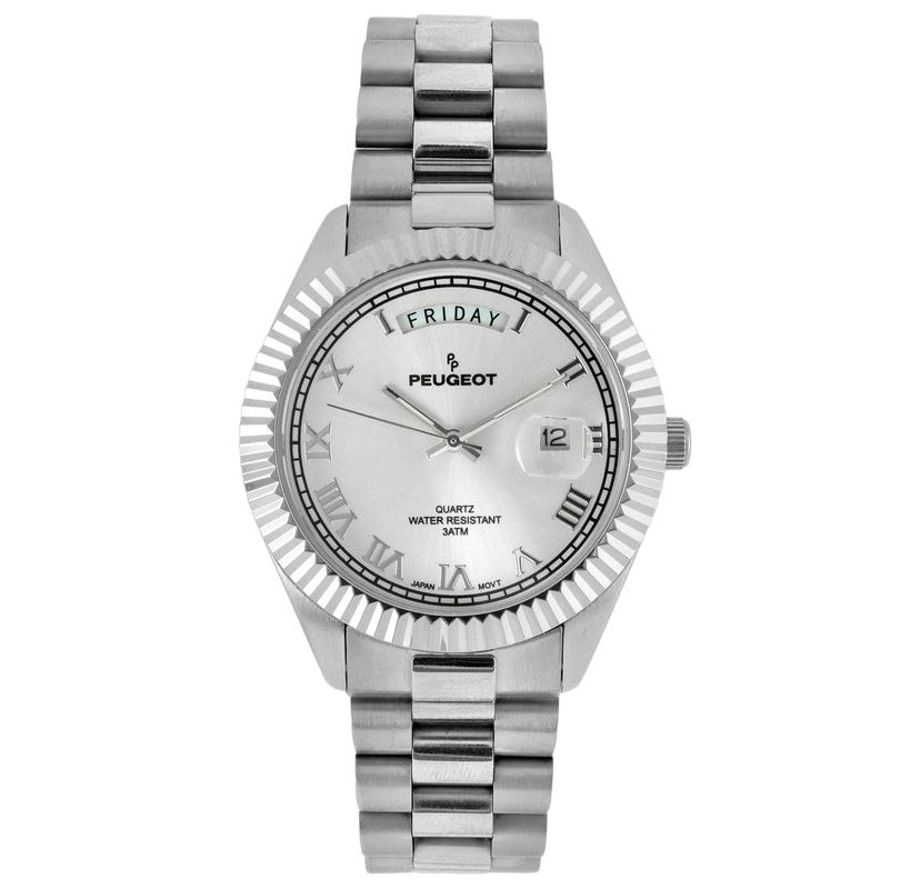 Peugeot Mens 40mm Silver Face Fluted Bezel Steel Bracelet Watch