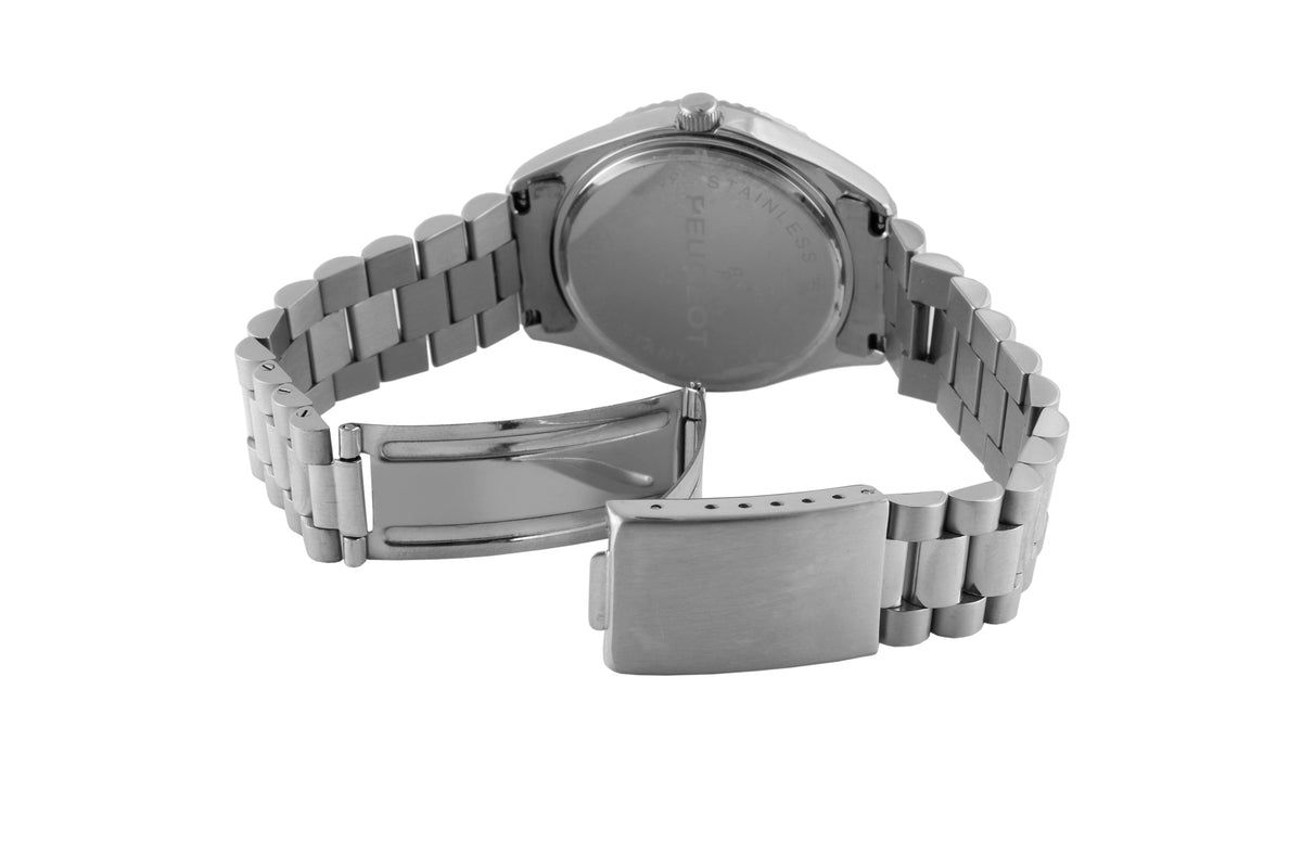 Peugeot Mens 40mm Silver Face Fluted Bezel Steel Bracelet Watch