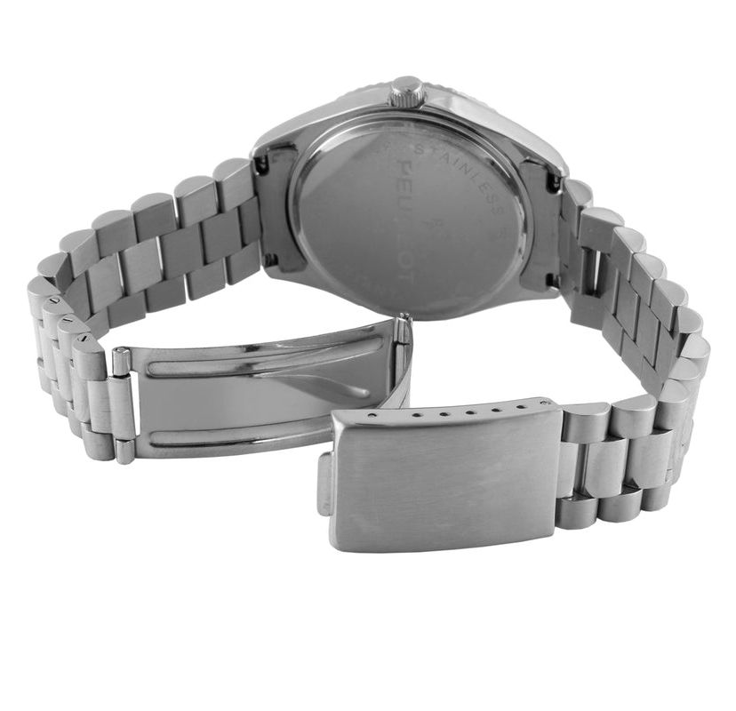 Peugeot Mens 40mm Silver Face Fluted Bezel Steel Bracelet Watch
