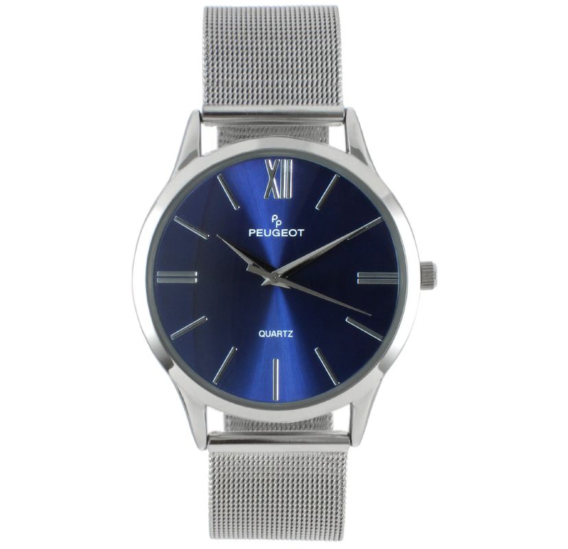 Peugeot Mens 40mm Blue Dial Slim Case Stainless Steel Mesh Watch