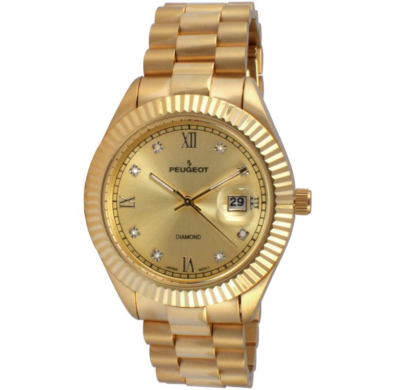 Peugeot Mens 40mm Gold dial 14K Gold Plated Genuine Diamond Dial Watch with Gold-Tone Bracelet Strap
