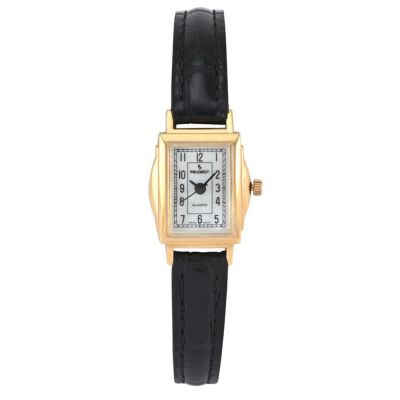Peugeot Womens Vintage 14K GoldPlated Rectangular Small Face Watch with Leather Strap Black