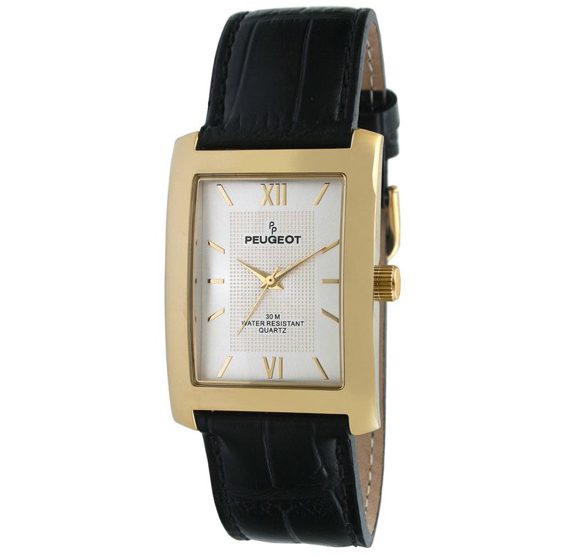 Peugeot Mens 30X40mm Gold Tank Shape Watch with Black Strap