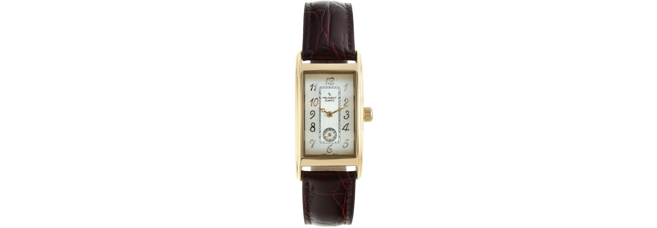 Peugeot Mens Gold Contour Case Remote Sweep Watch with Brown Leather Band