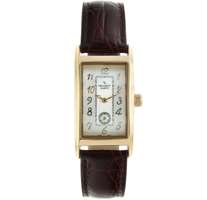 Peugeot Mens Gold Contour Case Remote Sweep Watch with Brown Leather Band