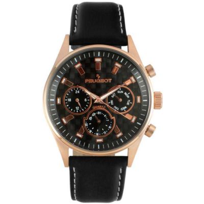 Peugeot Men RoseGold Plated MultiFunction Leather Strap Watch Black