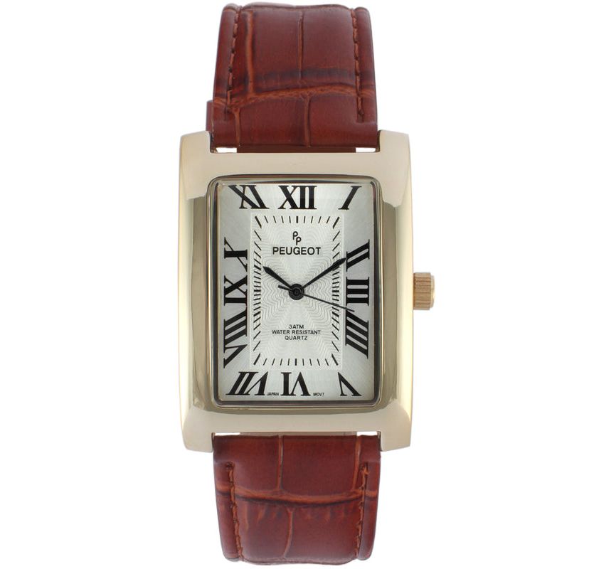 Peugeot Mens 43x30 mm Brown Vintage Tank Leather Strap Watch
