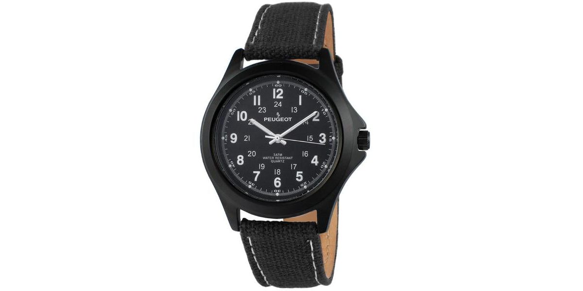 Peugeot Mens 40mm Military Dial Sport Watch with Black Canvas Strap