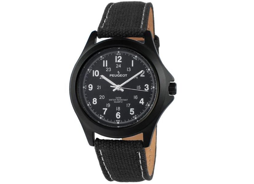Peugeot Mens 40mm Military Dial Sport Watch with Black Canvas Strap
