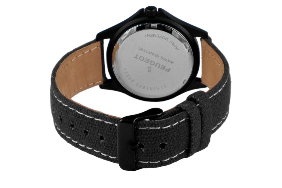 Peugeot Mens 40mm Military Dial Sport Watch with Black Canvas Strap