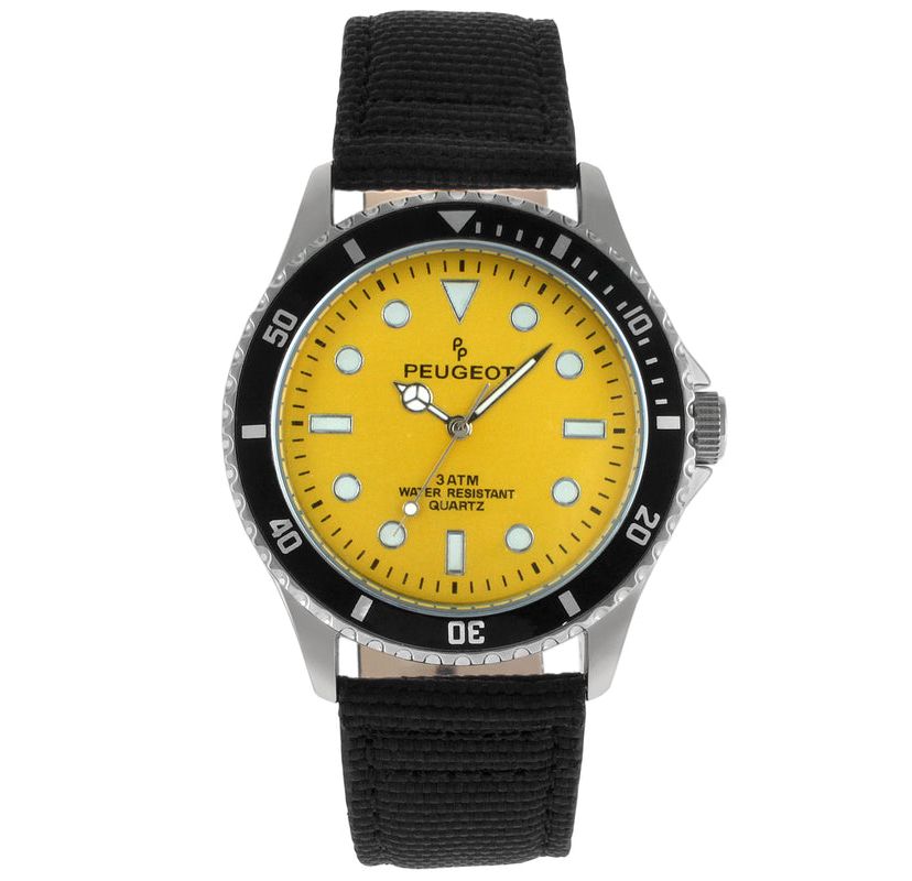 Peugeot Mens Sport Bezel Watch with Yellow Dial and Black Canvas Strap