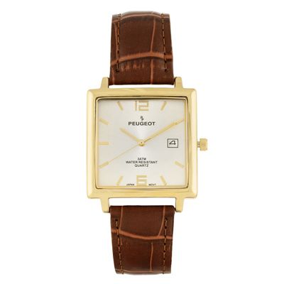 Peugeot Mens 35mm 14K Gold Plated Square Watch with Brown leather Strap