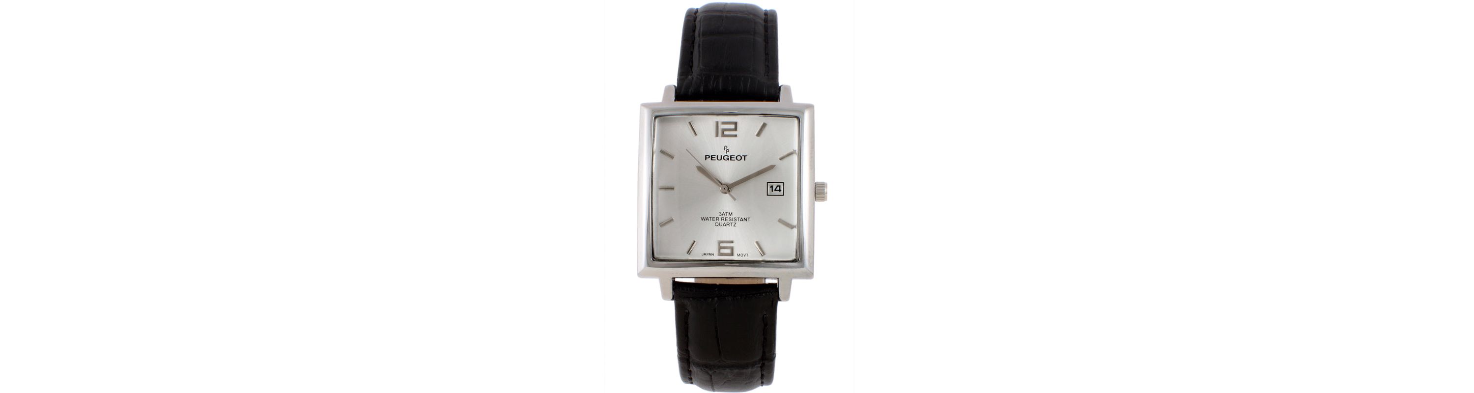 Peugeot Mens 35mm Silver Plated Square Watch with Black leather Strap