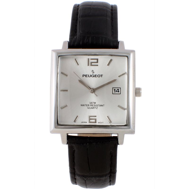 Peugeot Mens 35mm Silver Plated Square Watch with Black leather Strap