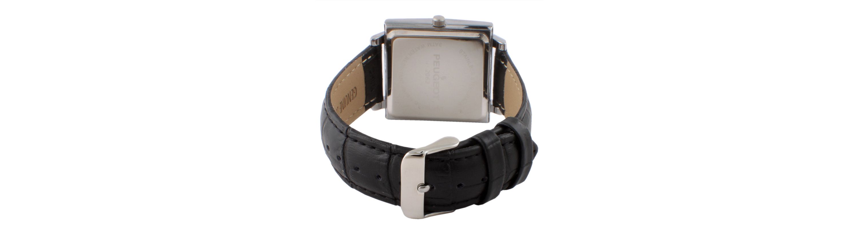 Peugeot Mens 35mm Silver Plated Square Watch with Black leather Strap