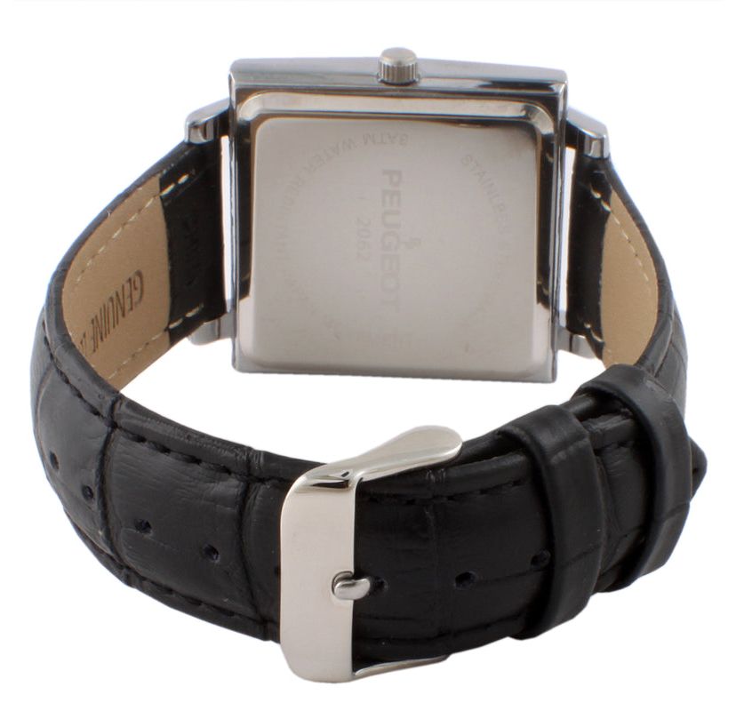 Peugeot Mens 35mm Silver Plated Square Watch with Black leather Strap