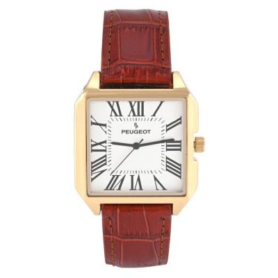 Peugeot Men's 14K Gold-Plated Square Vintage Dress Watch with Roman Numeral Dial and Brown Leather Strap