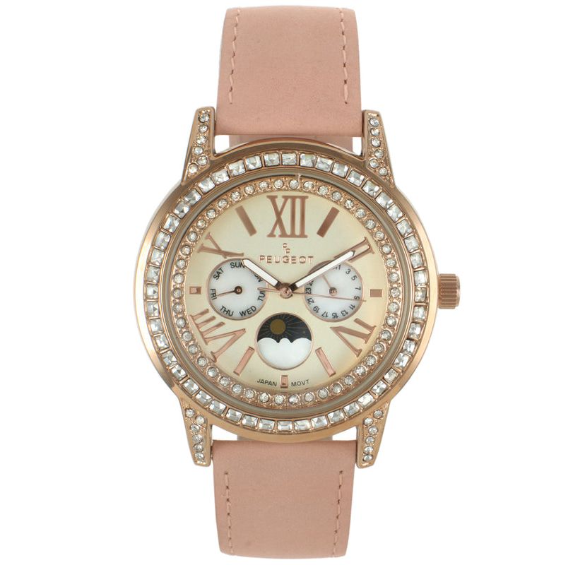 Peugeot Womens 40mm Multi-Function Watch with Pink Suede Strap
