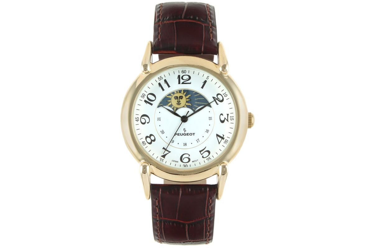 Peugeot Mens 40mm Vintage White Dial Sun Moon Brown Leather Strap Watch