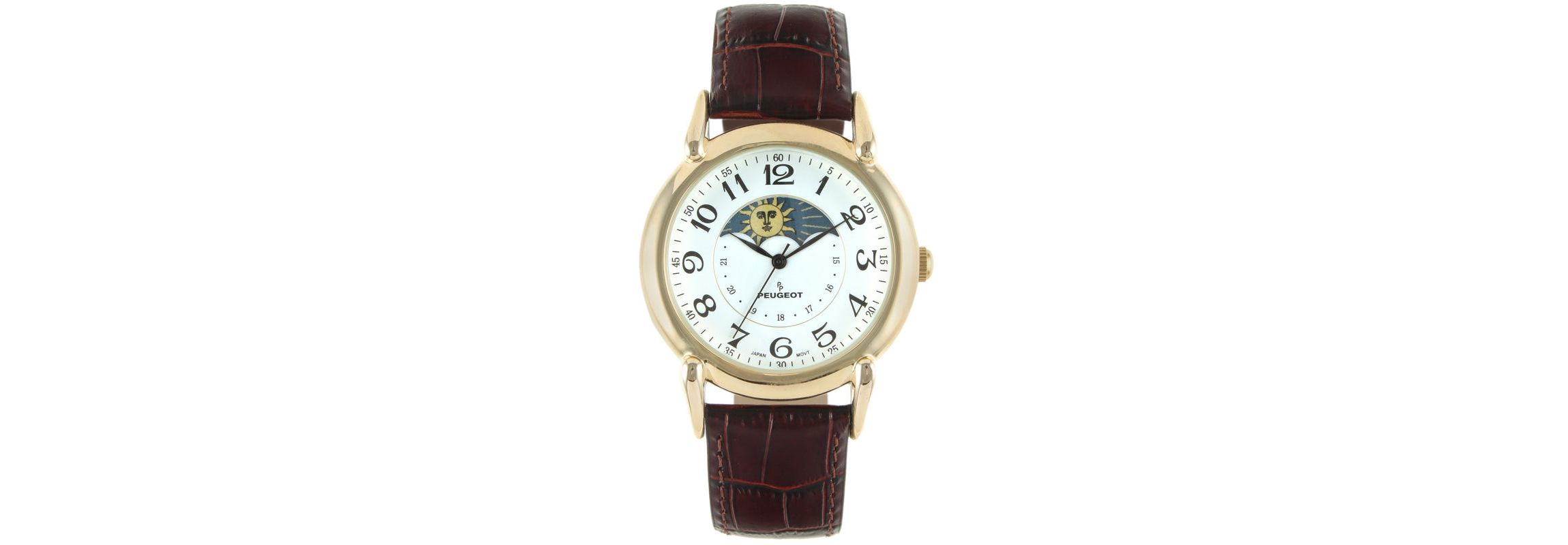 Peugeot Mens 40mm Vintage White Dial Sun Moon Brown Leather Strap Watch