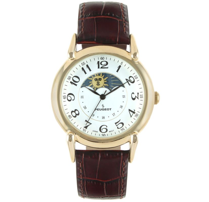 Peugeot Mens 40mm Vintage White Dial Sun Moon Brown Leather Strap Watch