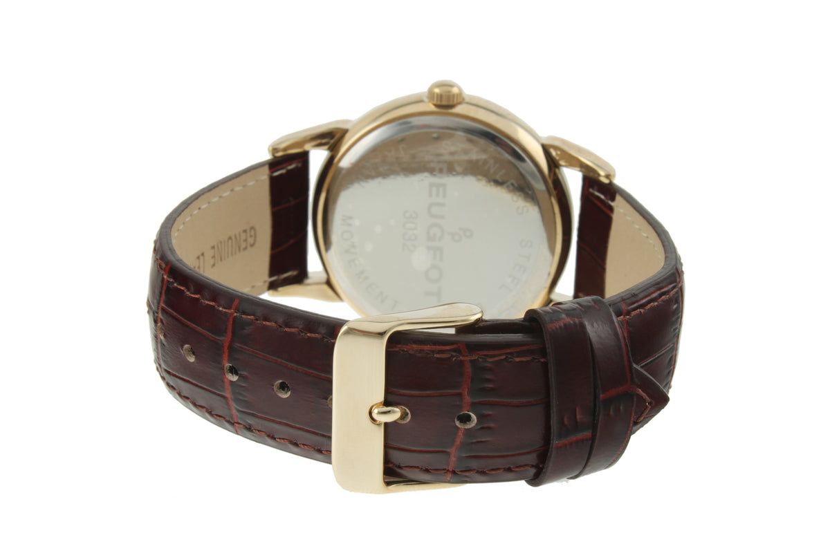 Peugeot Mens 40mm Vintage White Dial Sun Moon Brown Leather Strap Watch