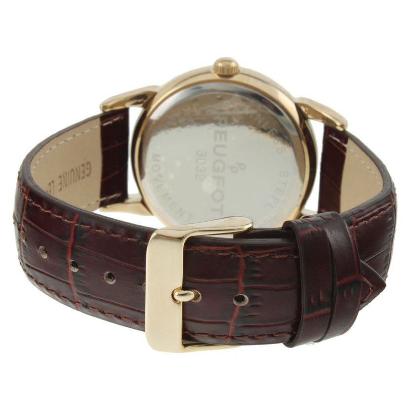 Peugeot Mens 40mm Vintage White Dial Sun Moon Brown Leather Strap Watch