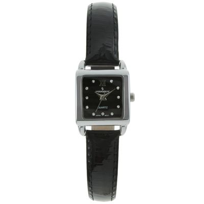 Peugeot Womens 20mm Square Watch with Glossy Black Leather Strap