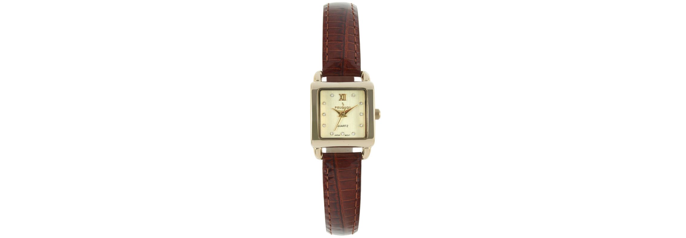 Peugeot Womens 20mm Square Watch with Glossy Brown Leather Strap