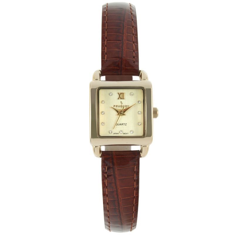 Peugeot Womens 20mm Square Watch with Glossy Brown Leather Strap