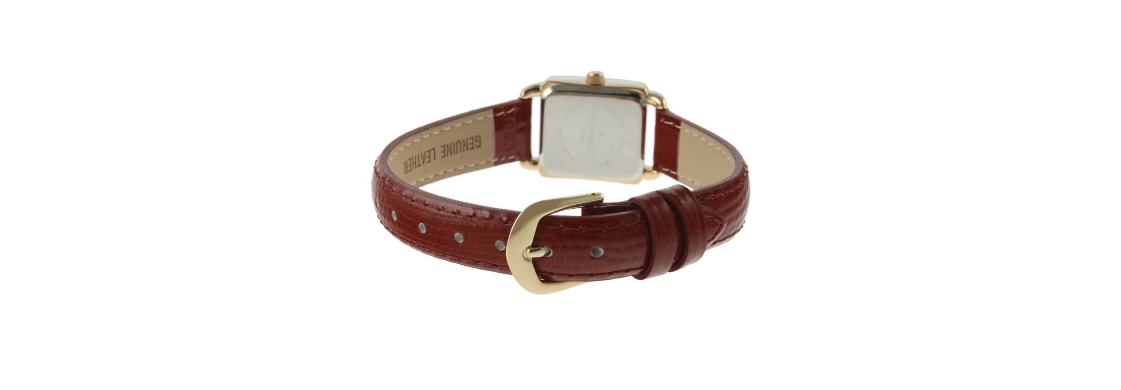 Peugeot Womens 20mm Square Watch with Glossy Brown Leather Strap