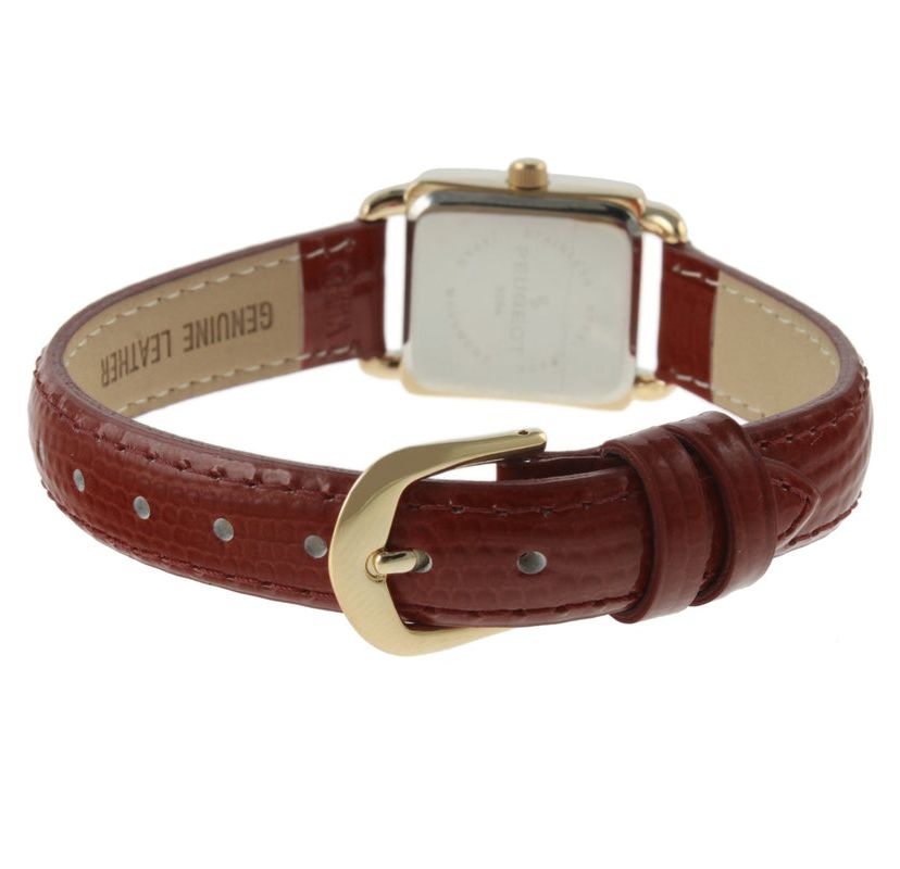 Peugeot Womens 20mm Square Watch with Glossy Brown Leather Strap