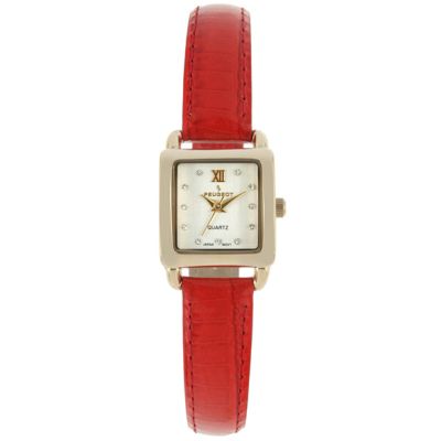 Peugeot Womens 20mm Square Watch with Glossy Red Leather Strap