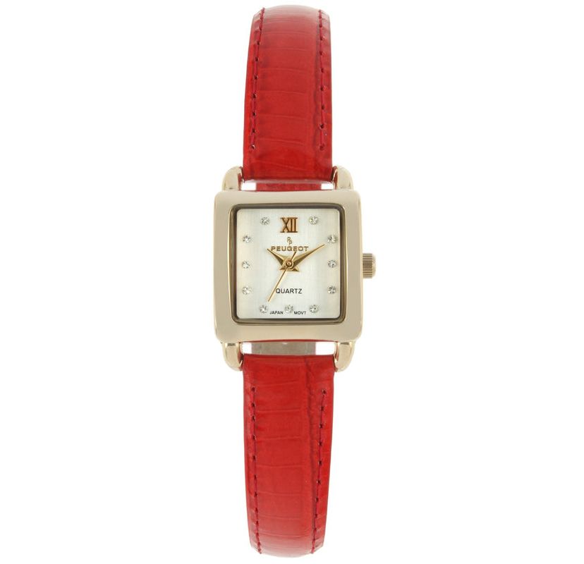 Peugeot Womens 20mm Square Watch with Glossy Red Leather Strap