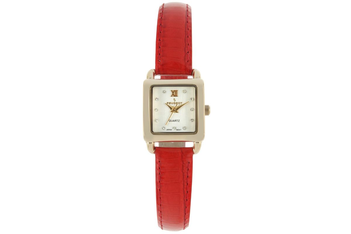 Peugeot Womens 20mm Square Watch with Glossy Red Leather Strap