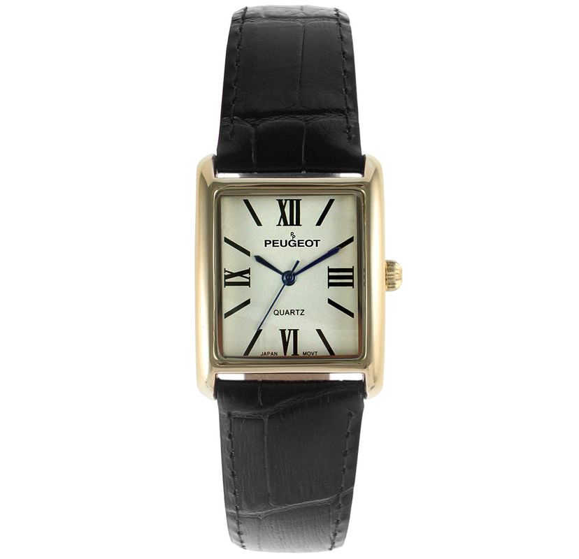 Peugeot Womens Tank Watch Roman Dial Black Leather Strap