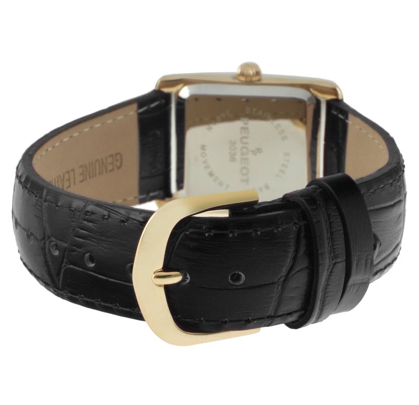 Peugeot Womens Tank Watch Roman Dial Black Leather Strap