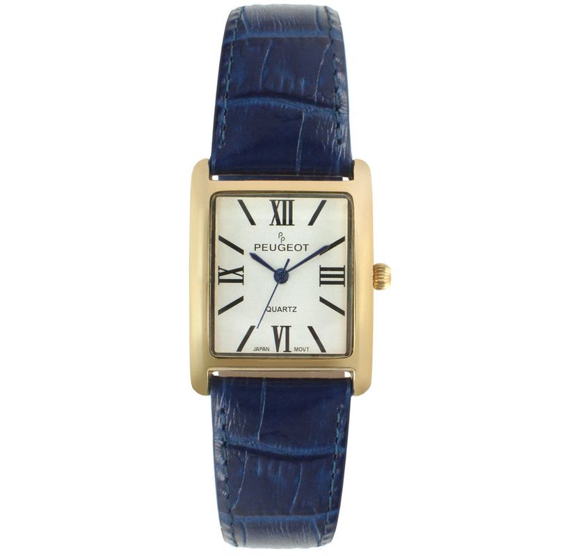 Peugeot Womens Tank Watch Roman Dial Blue Leather Strap