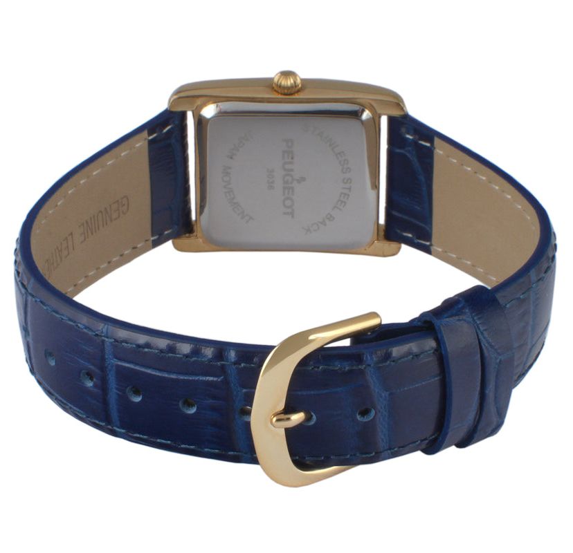 Peugeot Womens Tank Watch Roman Dial Blue Leather Strap