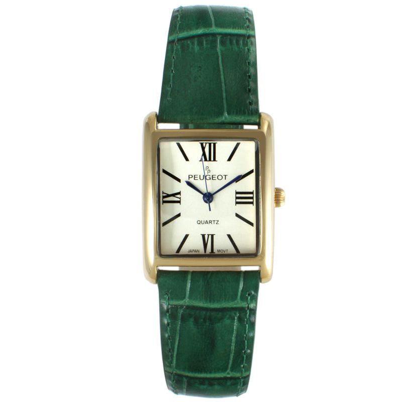 Peugeot Womens Tank Watch Roman Dial Green Strap