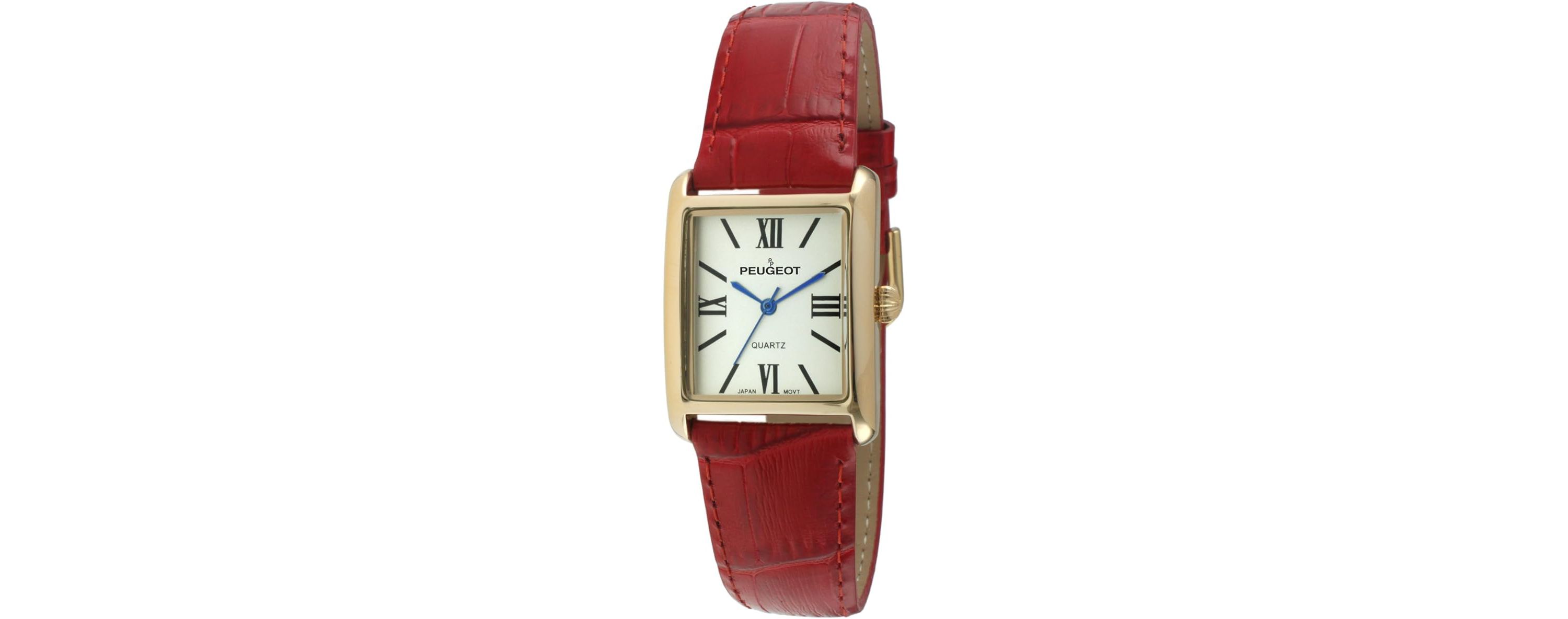 Peugeot Womens Tank Watch Roman Dial Red Leather Strap