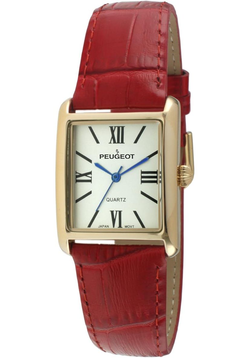Peugeot Womens Tank Watch Roman Dial Red Leather Strap