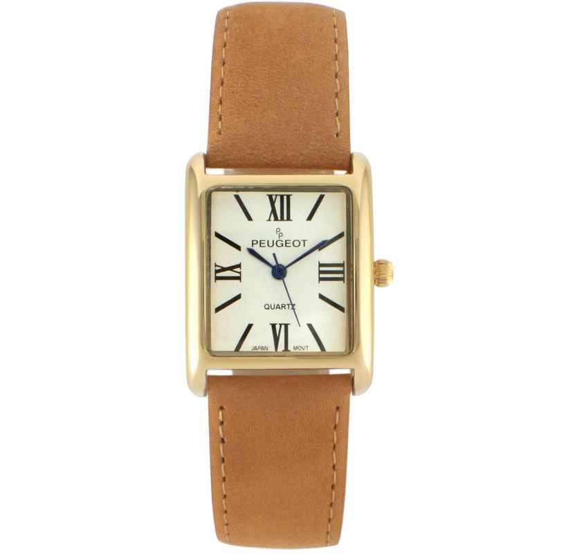 Peugeot Womens Tank Watch Roman Dial Brown Leather Strap
