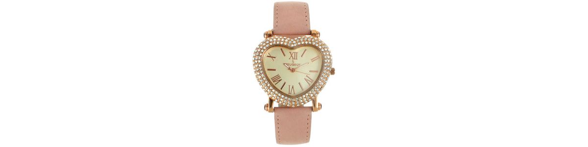 Peugeot Womens Heart Shaped Rose Gold Crystal Watch with Pink Suede Strap