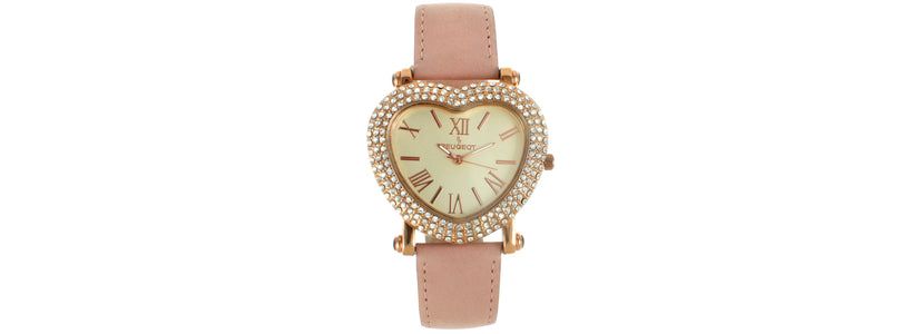 Peugeot Womens Heart Shaped Rose Gold Crystal Watch with Pink Suede Strap