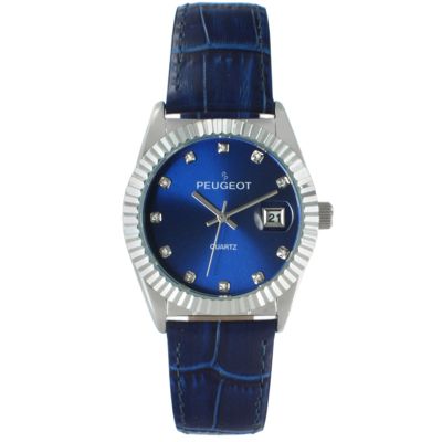 Peugeot Womens 36mm Blue Fluted Bezel Watch with Leather Strap