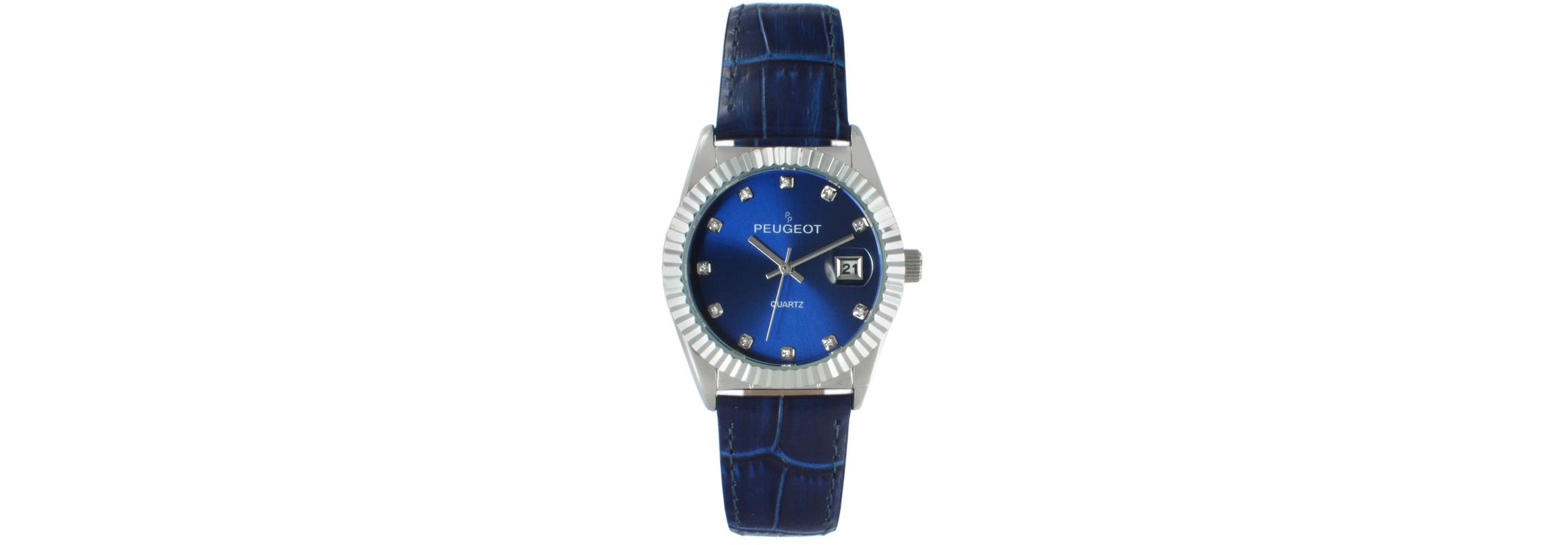 Peugeot Womens 36mm Blue Fluted Bezel Watch with Leather Strap