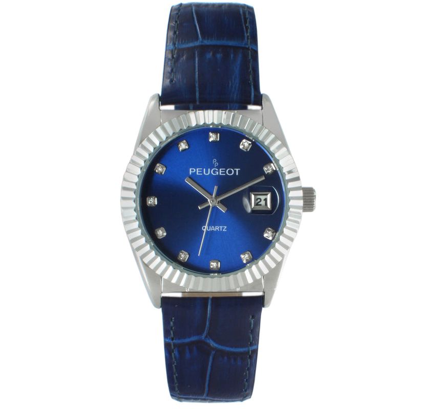 Peugeot Womens 36mm Blue Fluted Bezel Watch with Leather Strap