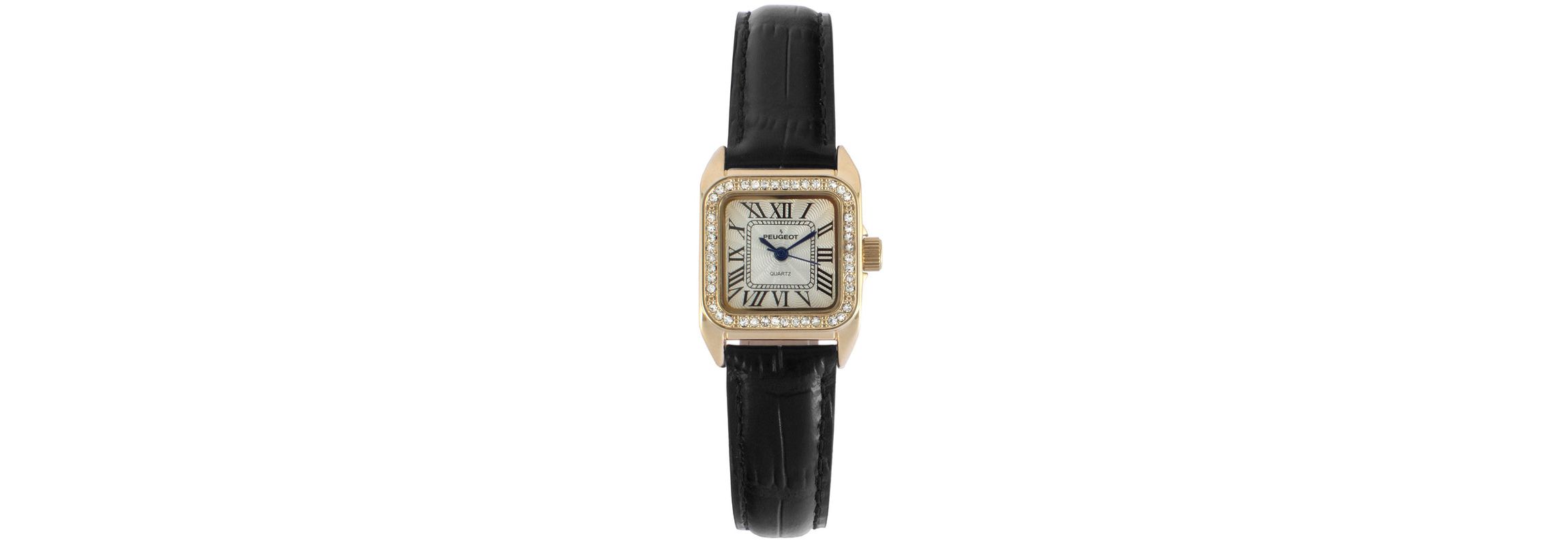 Peugeot Womens 34x24mm Tank Watch with Crystal Bezel Black Leather Strap